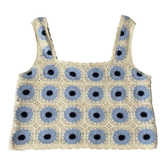 Rebellion Again Tank Top Women Sz Medium Cream Blue Floral Boho Crochet Crop - Picture 1 of 8